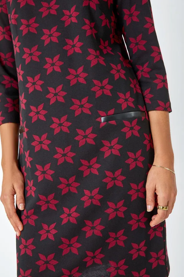 Women Black Floral Print Pocket Shift Stretch Dress Roman Dresses