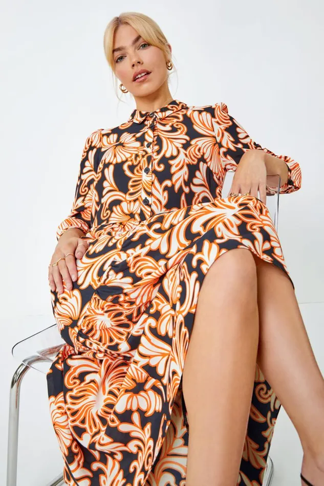 Women Black Floral Print Tiered Midi Shirt Dress Roman Dresses