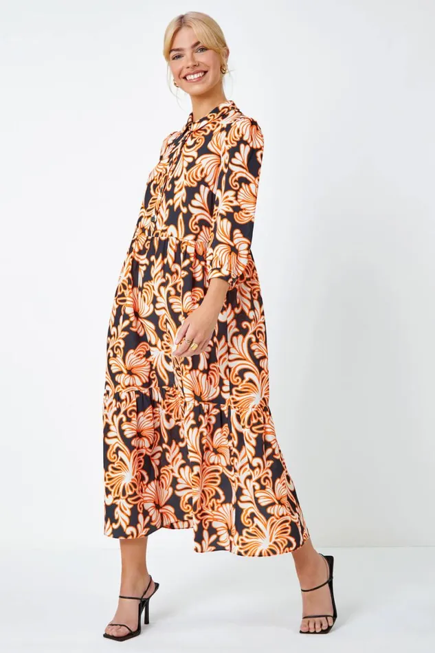 Women Black Floral Print Tiered Midi Shirt Dress Roman Dresses
