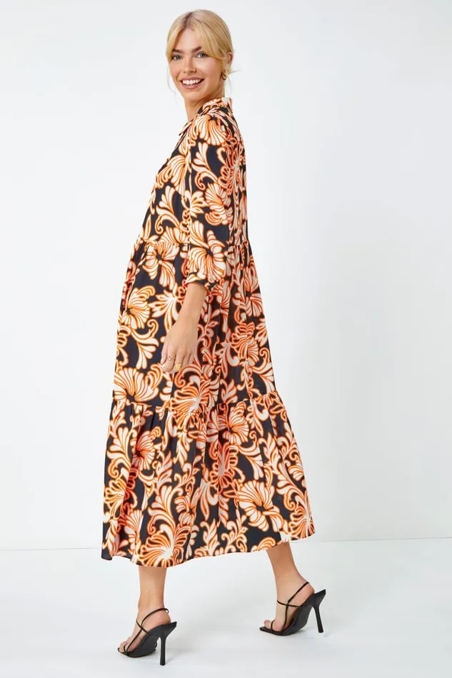 Women Black Floral Print Tiered Midi Shirt Dress Roman Dresses