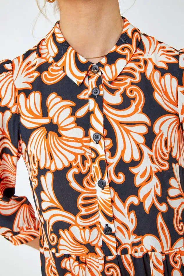 Women Black Floral Print Tiered Midi Shirt Dress Roman Dresses