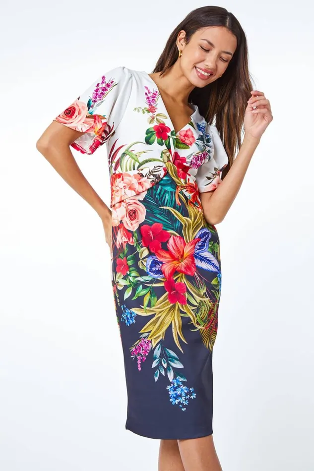 Women Black Floral Print Twist Premium Stretch Dress Roman Dresses