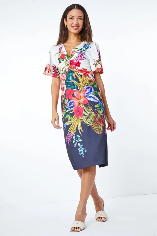 Women Black Floral Print Twist Premium Stretch Dress Roman Dresses