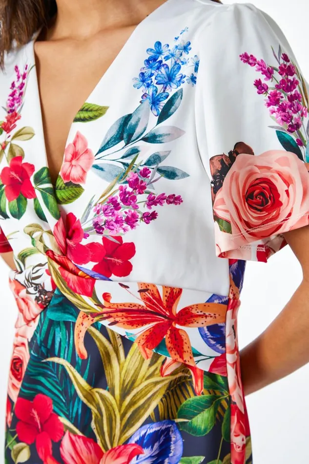 Women Black Floral Print Twist Premium Stretch Dress Roman Dresses