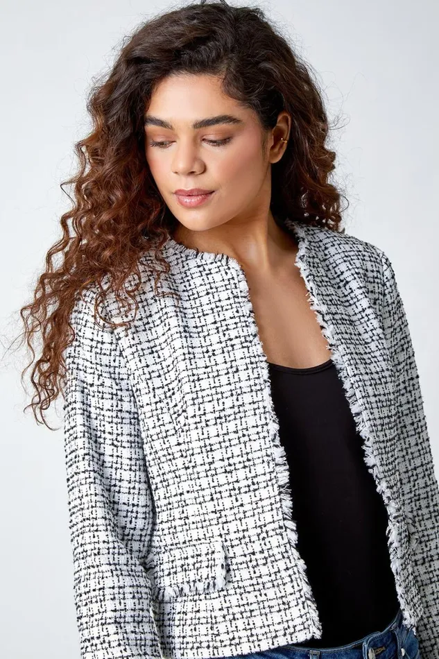 Women Black Frayed Edge Smart Textured Jacket Roman Occasionwear