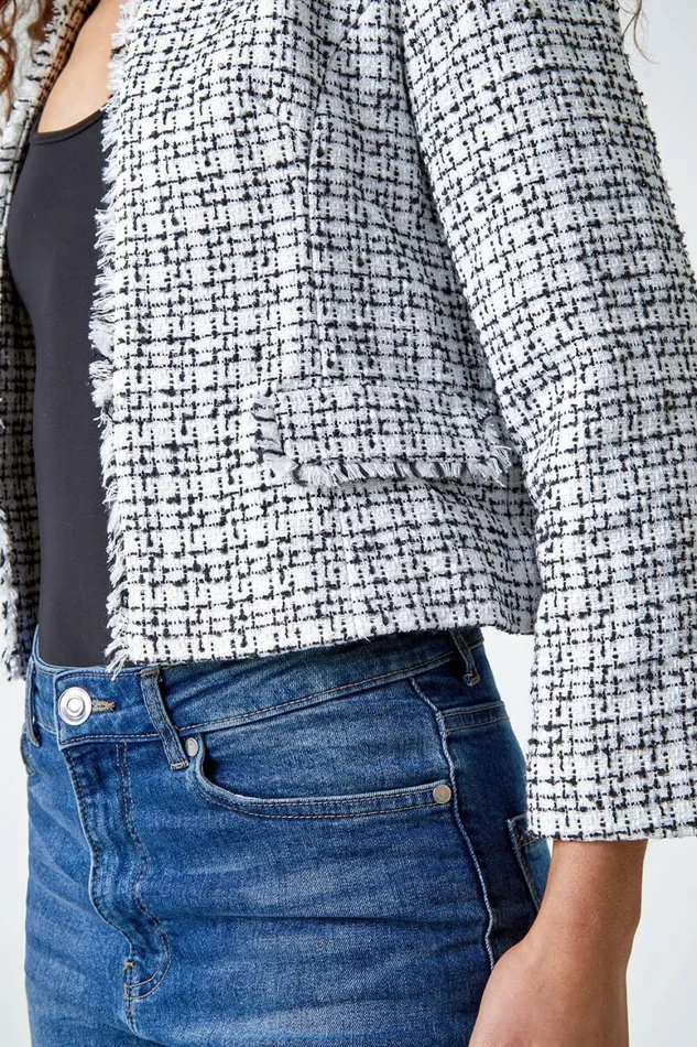 Women Black Frayed Edge Smart Textured Jacket Roman Occasionwear