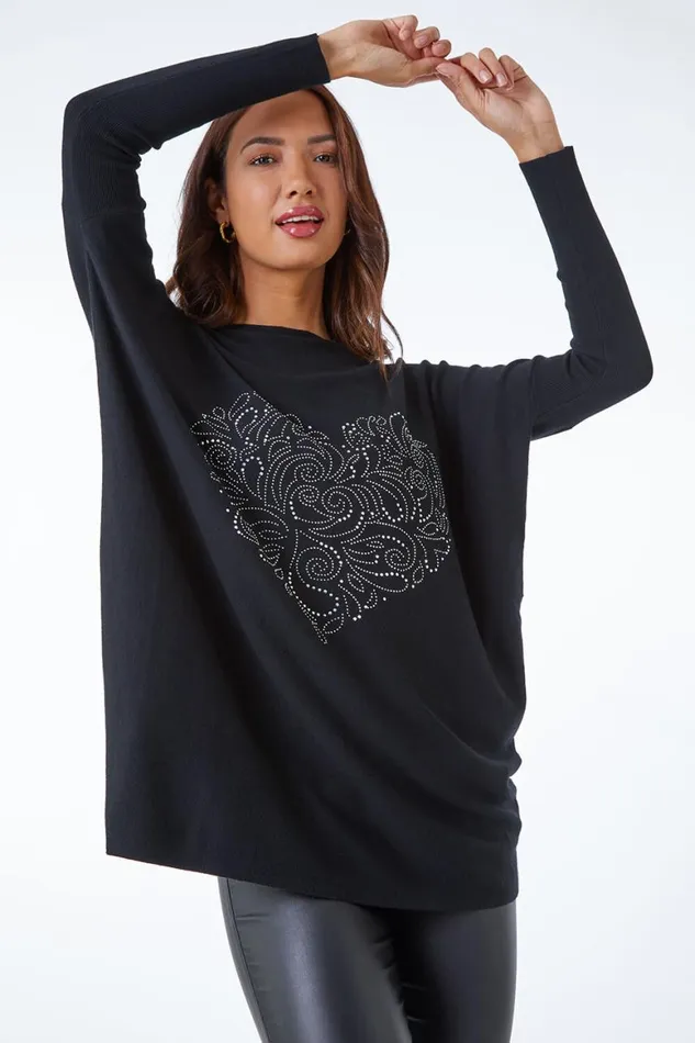 Women Black Heart Sparkle Embellished Jumper Roman Knitwear