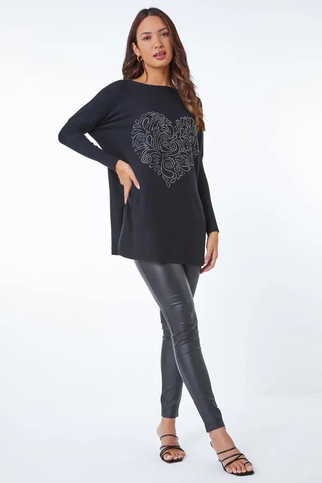 Women Black Heart Sparkle Embellished Jumper Roman Knitwear