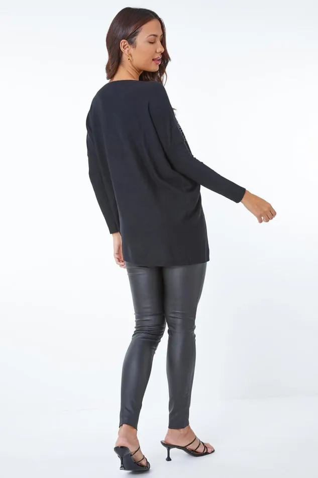Women Black Heart Sparkle Embellished Jumper Roman Knitwear