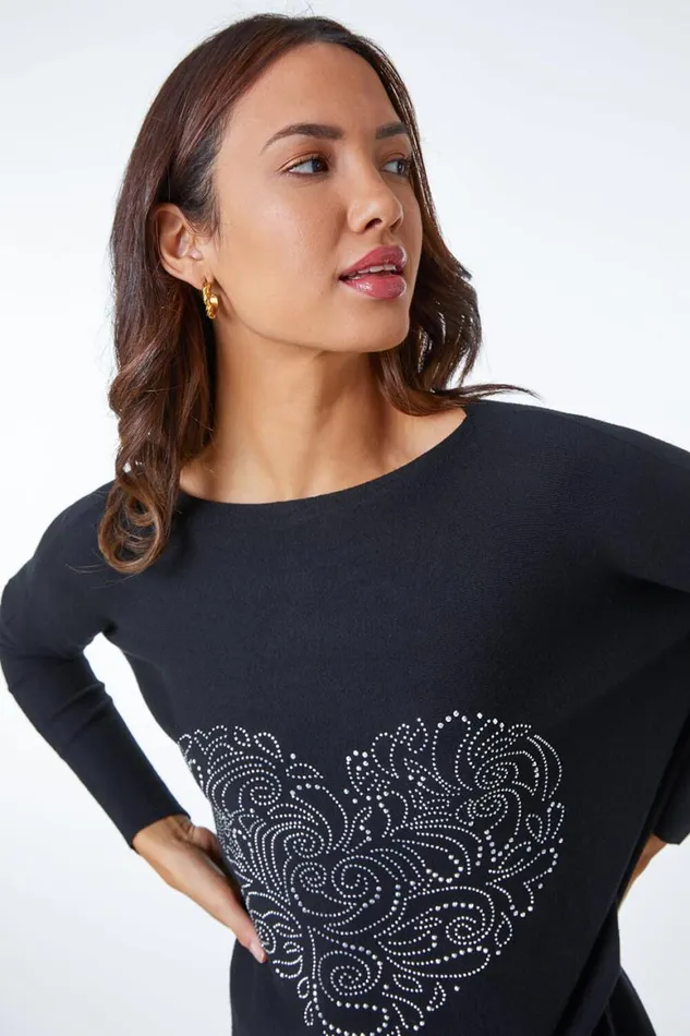Women Black Heart Sparkle Embellished Jumper Roman Knitwear