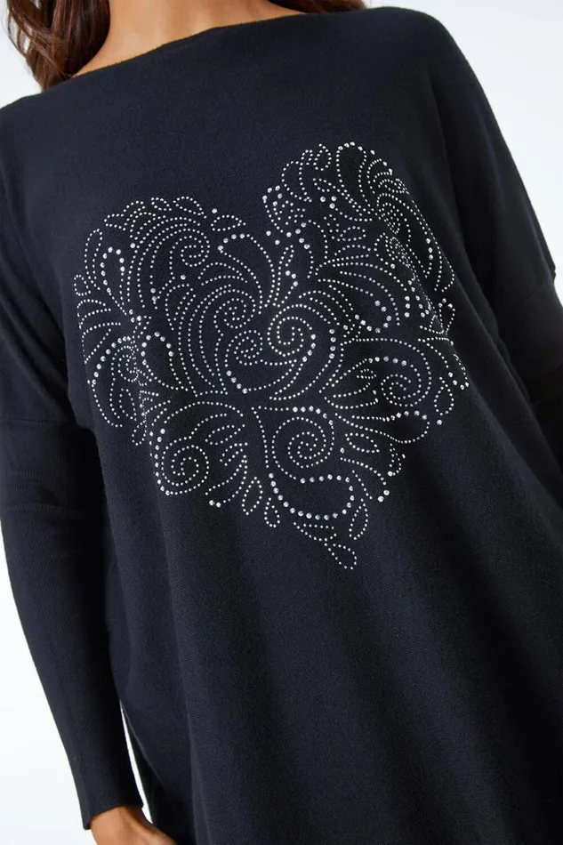 Women Black Heart Sparkle Embellished Jumper Roman Knitwear