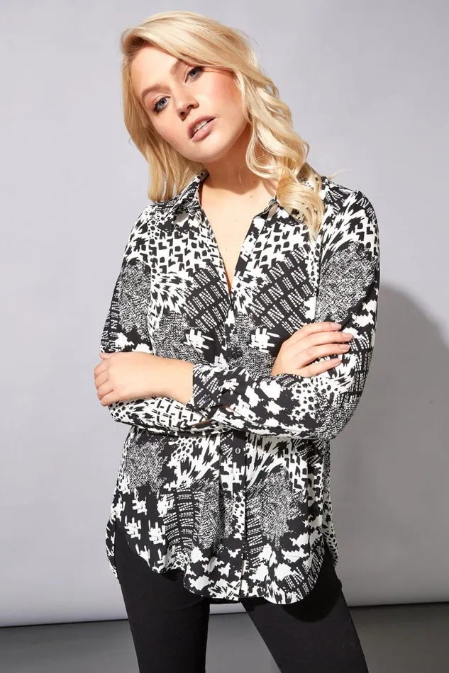 Women Black Houndstooth Button Through Blouse Roman Tops