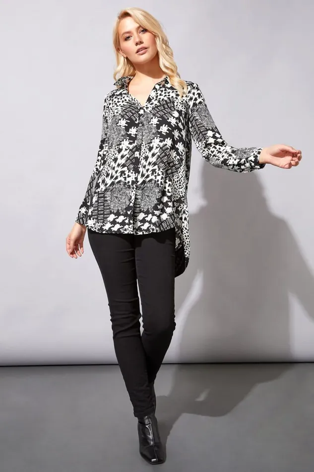 Women Black Houndstooth Button Through Blouse Roman Tops
