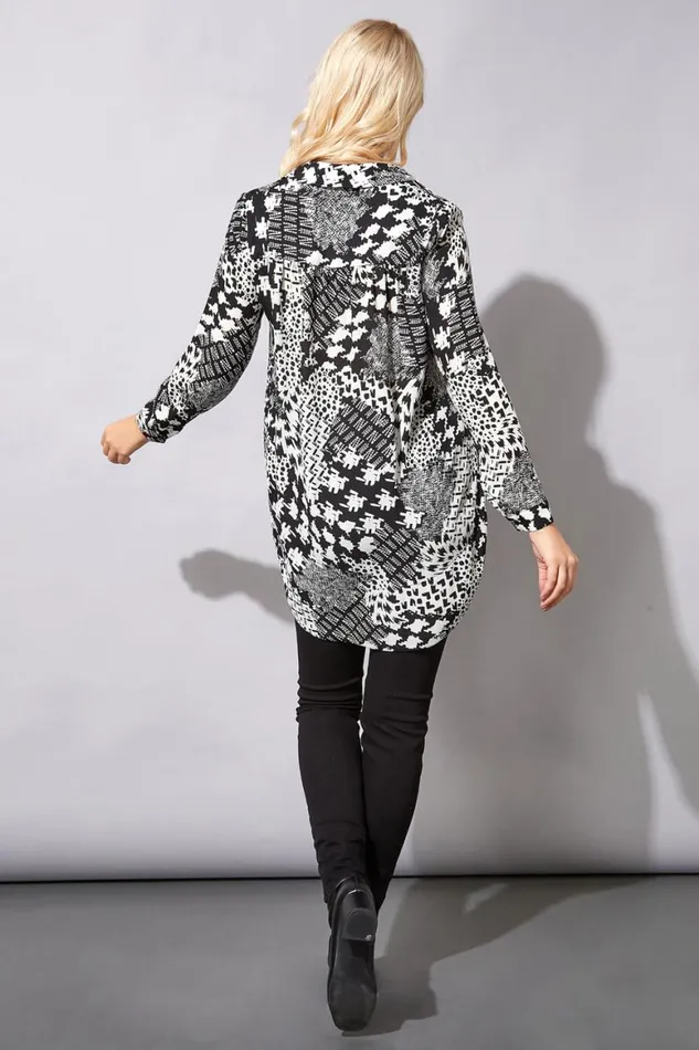 Women Black Houndstooth Button Through Blouse Roman Tops