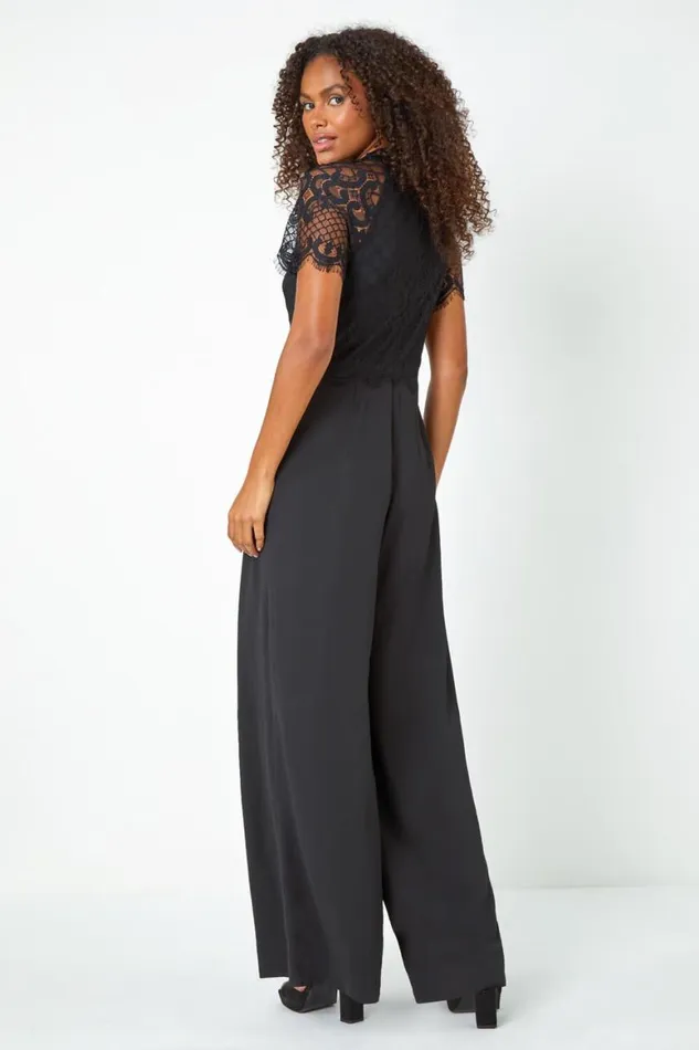 Women Black Lace Bodice Wide Leg Jumpsuit Roman Jumpsuits and Playsuits