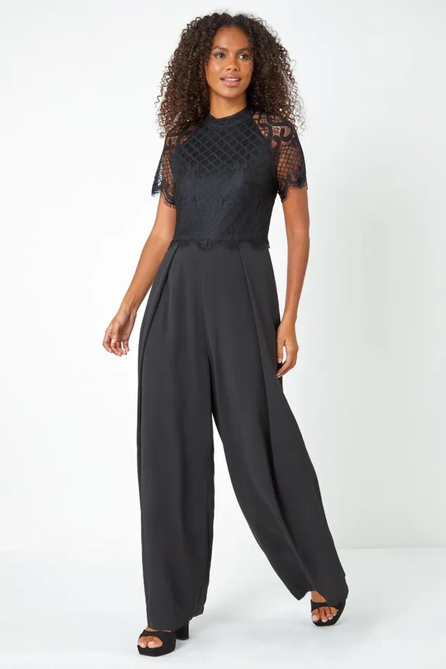 Women Black Lace Bodice Wide Leg Jumpsuit Roman Jumpsuits and Playsuits