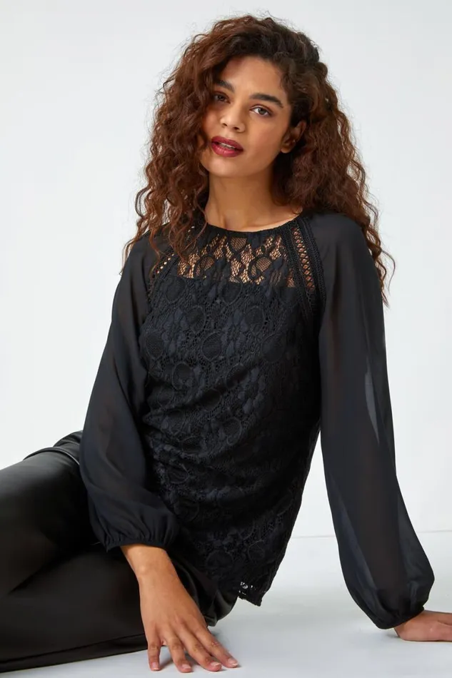 Women Black Lace Detail Chiffon Sleeve Stretch Top Roman Tops