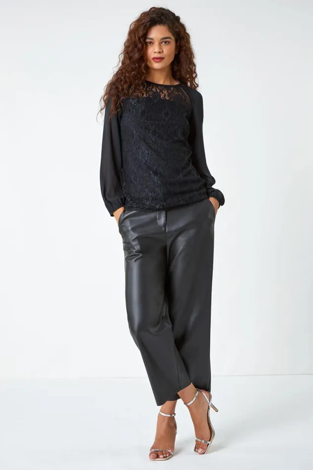 Women Black Lace Detail Chiffon Sleeve Stretch Top Roman Tops