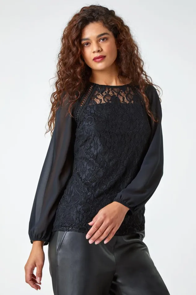 Women Black Lace Detail Chiffon Sleeve Stretch Top Roman Tops