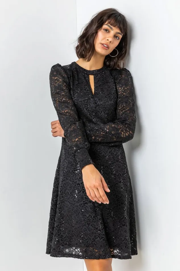 Women Black Lace Sparkle Swing Dress Roman Dresses