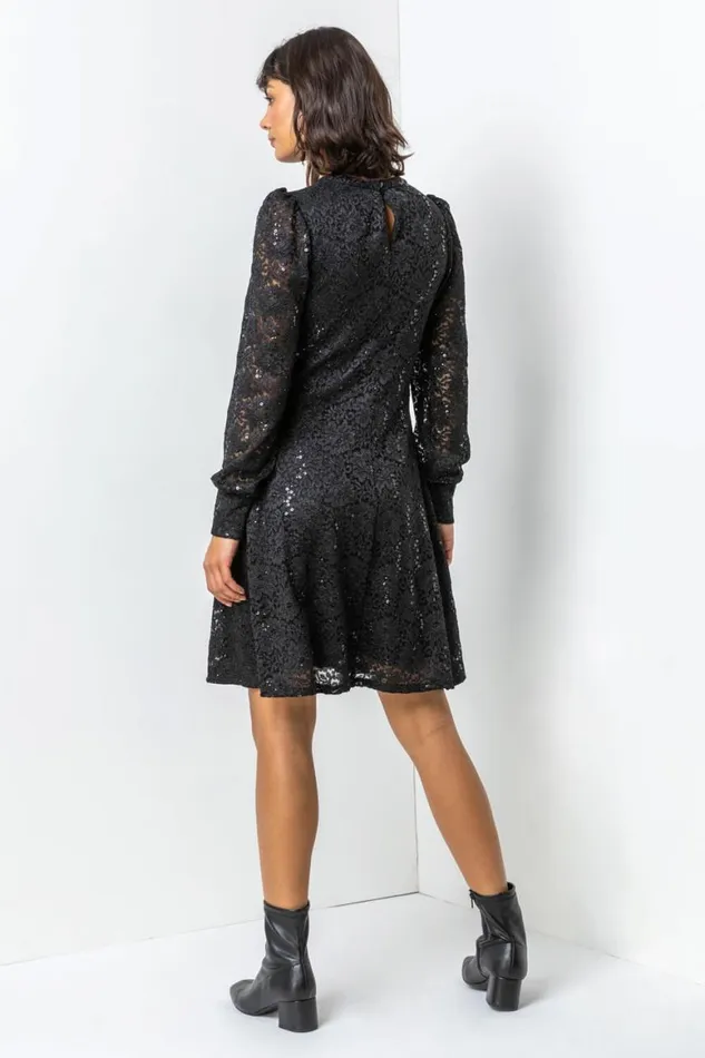 Women Black Lace Sparkle Swing Dress Roman Dresses