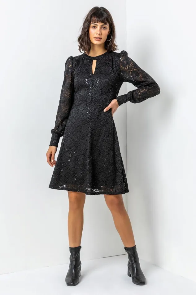 Women Black Lace Sparkle Swing Dress Roman Dresses