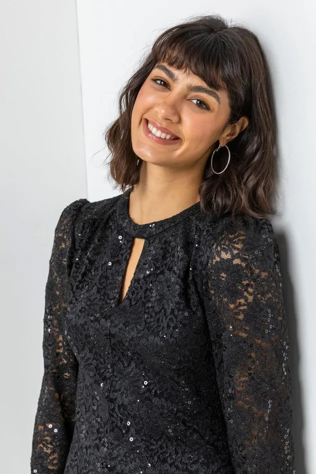 Women Black Lace Sparkle Swing Dress Roman Dresses