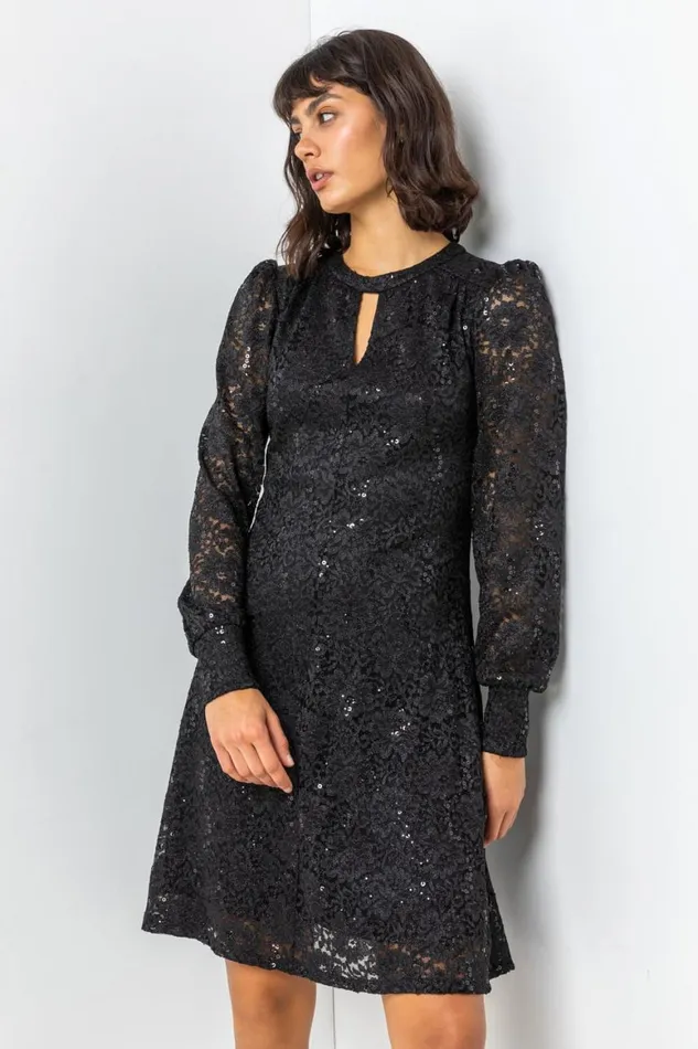 Women Black Lace Sparkle Swing Dress Roman Dresses