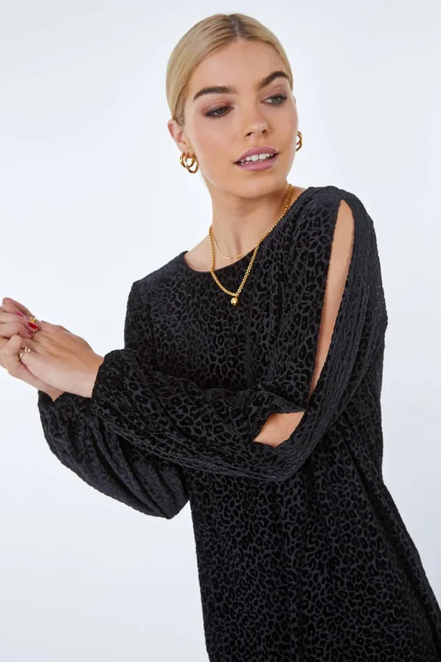 Women Black Leopard Print Burnout Split Sleeve Dress Roman Dresses