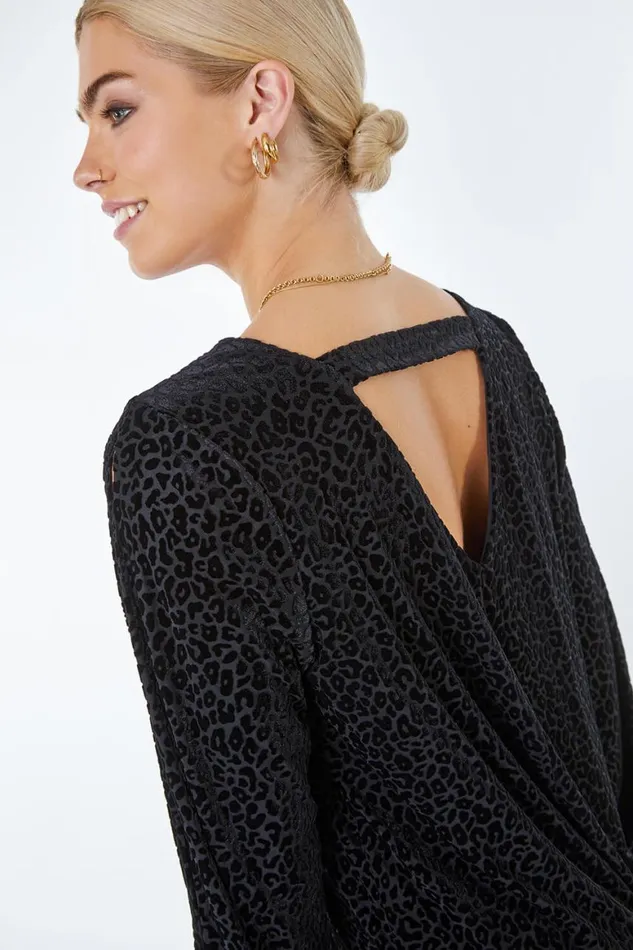 Women Black Leopard Print Burnout Split Sleeve Dress Roman Dresses