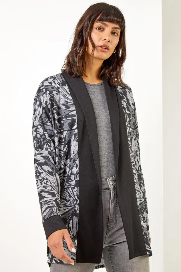 Women Black Longline Butterfly Print Cardigan Roman Knitwear