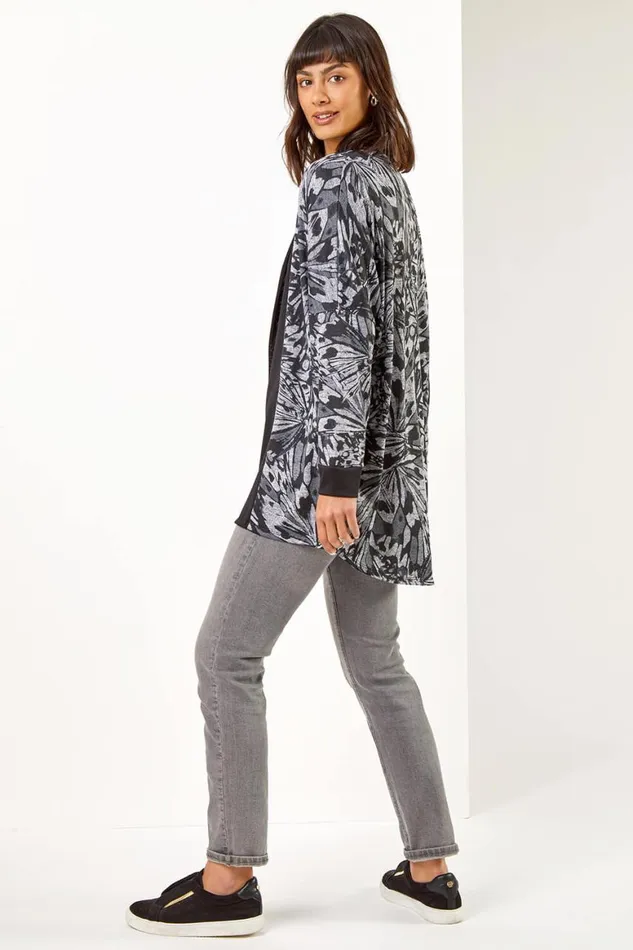 Women Black Longline Butterfly Print Cardigan Roman Knitwear