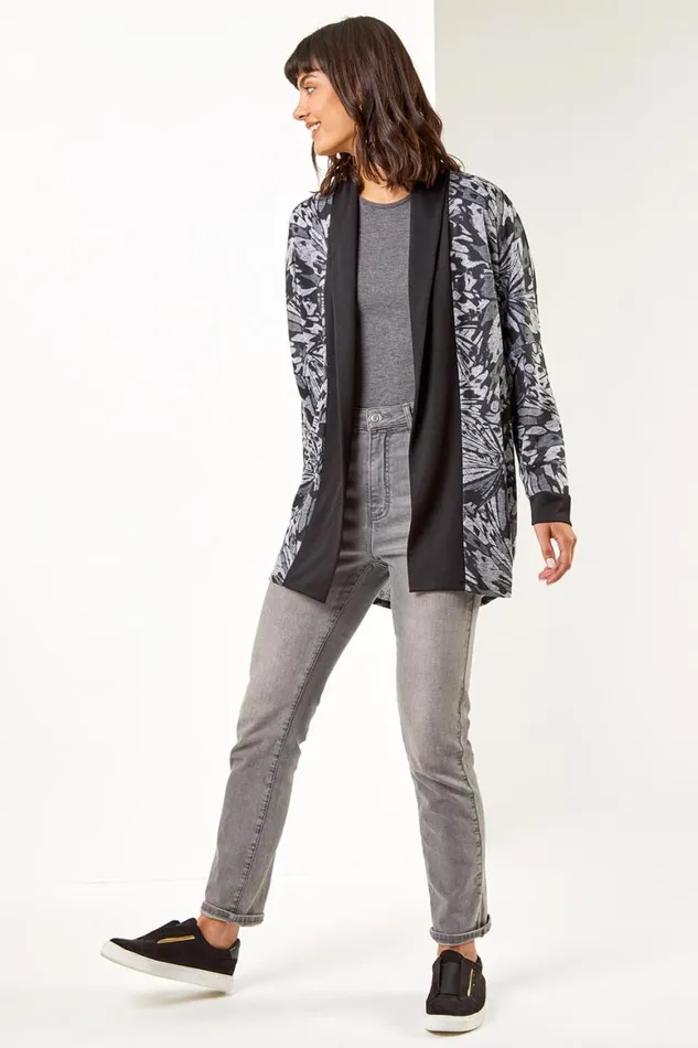 Women Black Longline Butterfly Print Cardigan Roman Knitwear