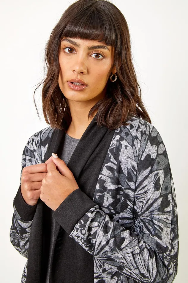 Women Black Longline Butterfly Print Cardigan Roman Knitwear