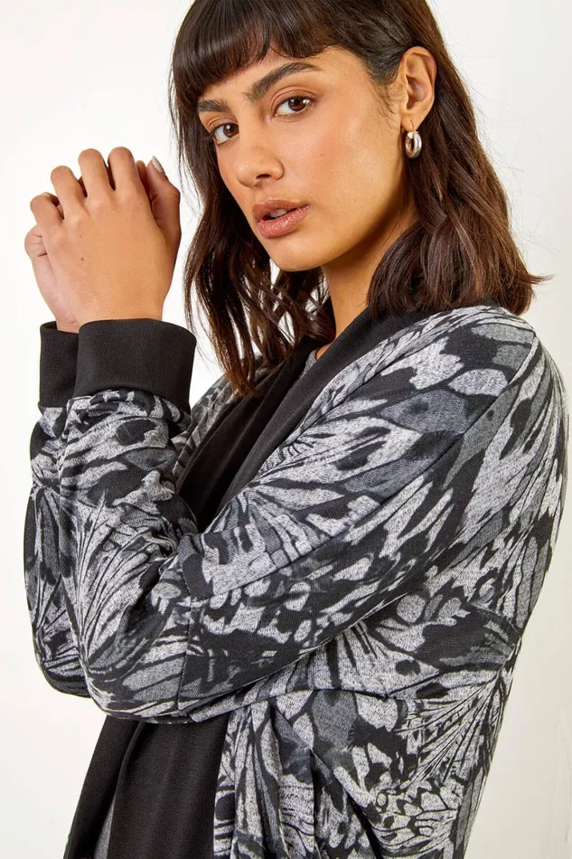 Women Black Longline Butterfly Print Cardigan Roman Knitwear