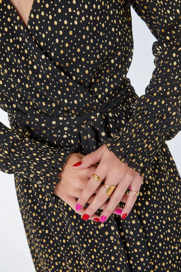 Women Black Metallic Spot Wrap Tie Dress Roman Dresses