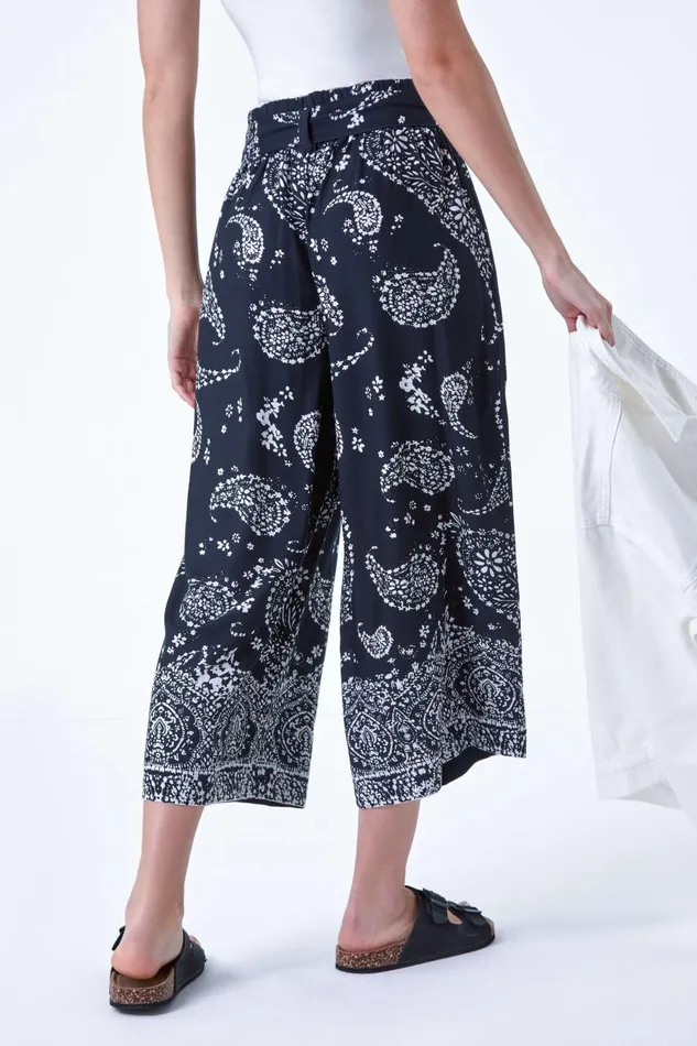 Women Black Paisley Print Wide Leg Cropped Trousers Roman Trousers