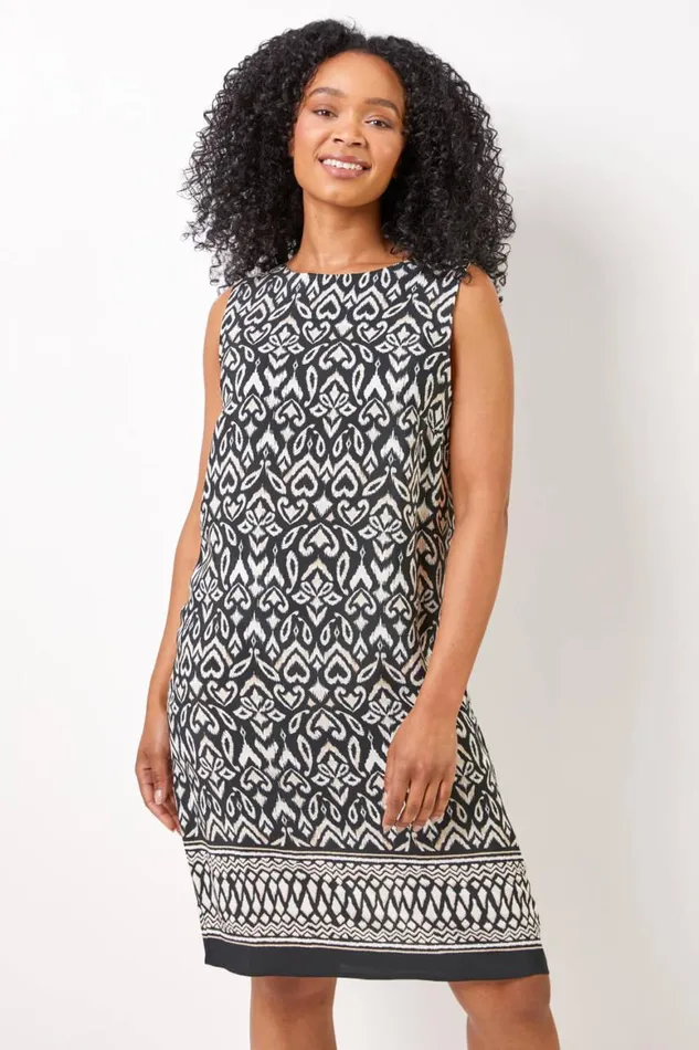 Women Black Petite Abstract Border Print Shift Dress Roman Dresses