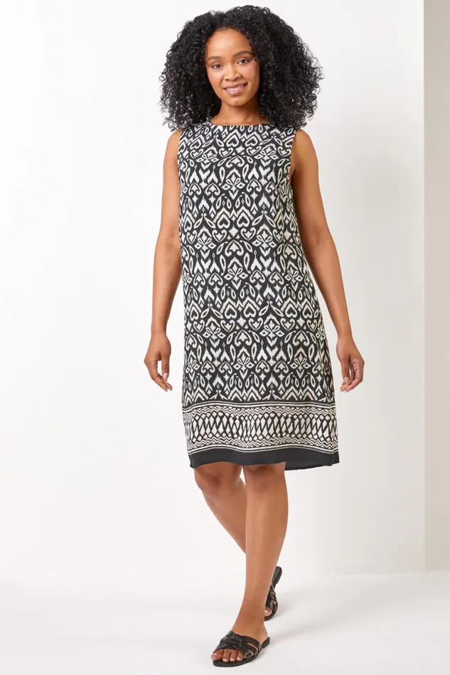 Women Black Petite Abstract Border Print Shift Dress Roman Dresses