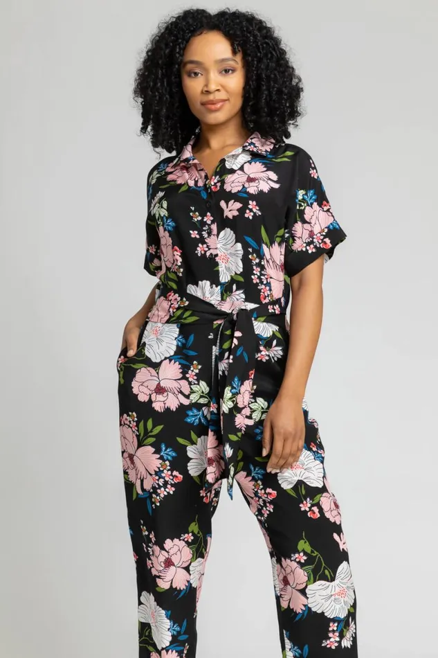 Women Black Petite Belted Floral Print Jumpsuit Roman Dresses