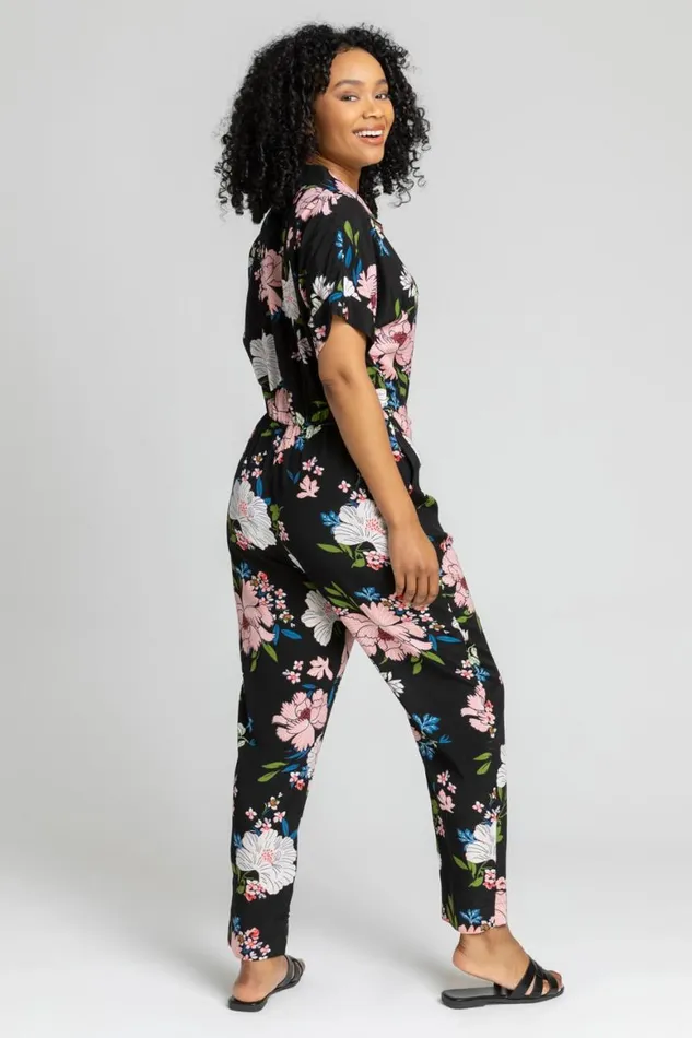 Women Black Petite Belted Floral Print Jumpsuit Roman Dresses
