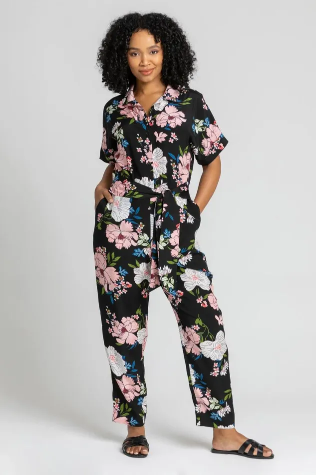 Women Black Petite Belted Floral Print Jumpsuit Roman Dresses