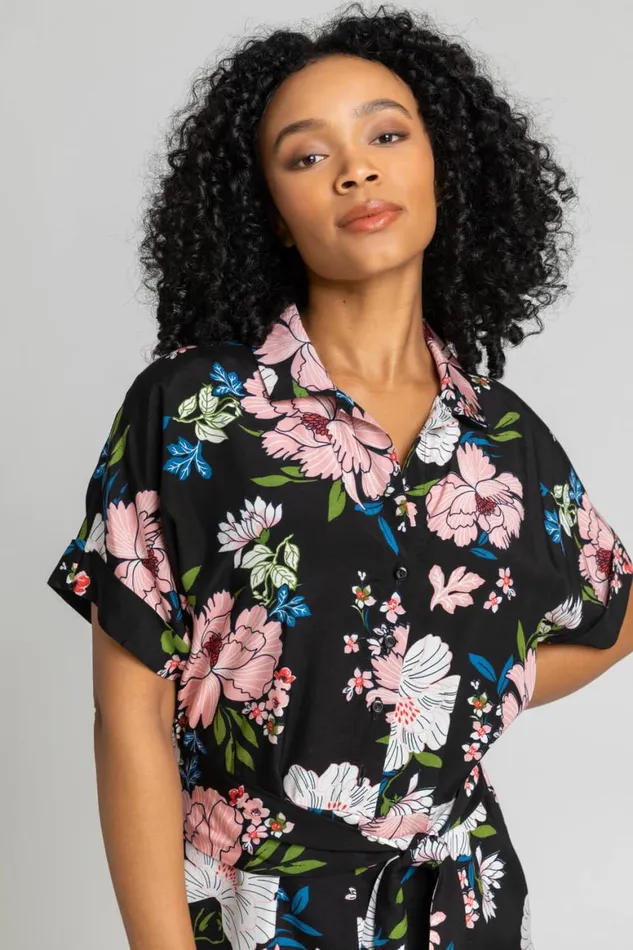 Women Black Petite Belted Floral Print Jumpsuit Roman Dresses