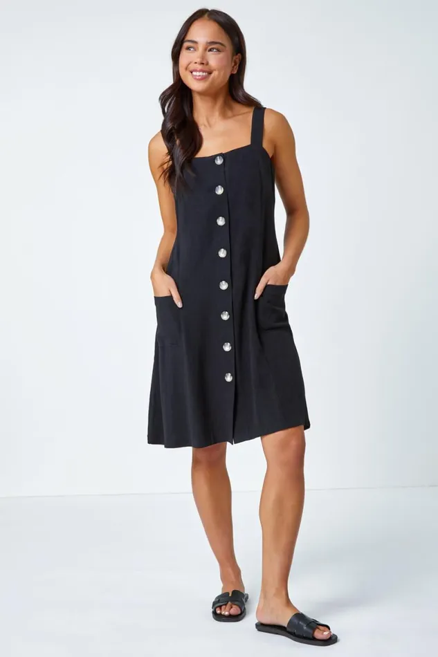 Women Black Petite Button Front Pocket Dress Roman Dresses