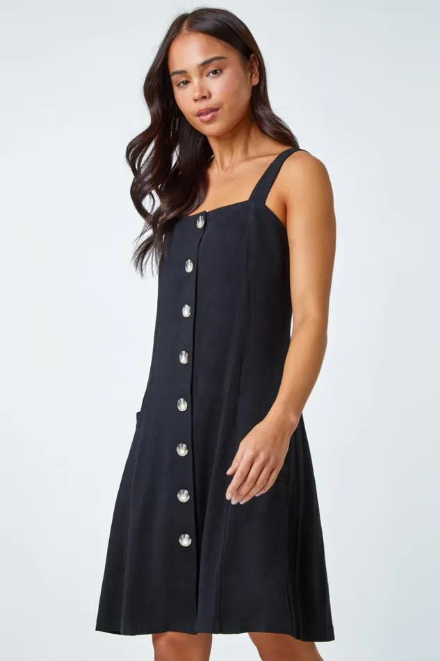 Women Black Petite Button Front Pocket Dress Roman Dresses