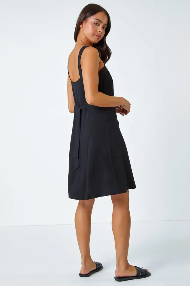 Women Black Petite Button Front Pocket Dress Roman Dresses