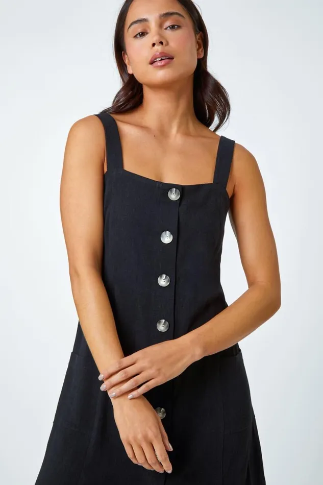 Women Black Petite Button Front Pocket Dress Roman Dresses