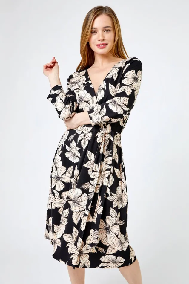 Women Black Petite Floral Print Belted Wrap Skater Dress Roman Dresses
