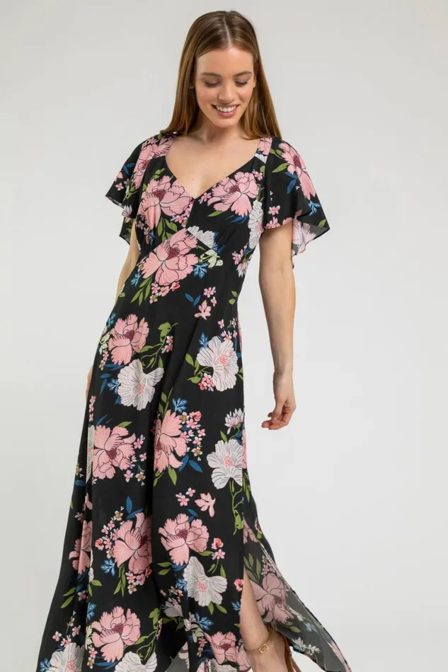 Women Black Petite Floral Print Maxi Dress Roman Dresses