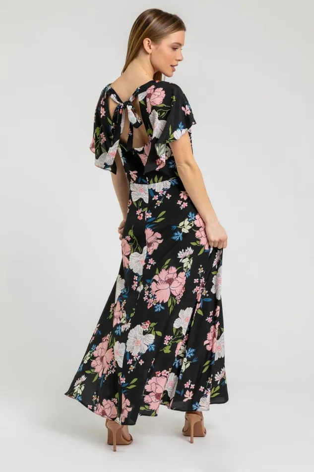 Women Black Petite Floral Print Maxi Dress Roman Dresses